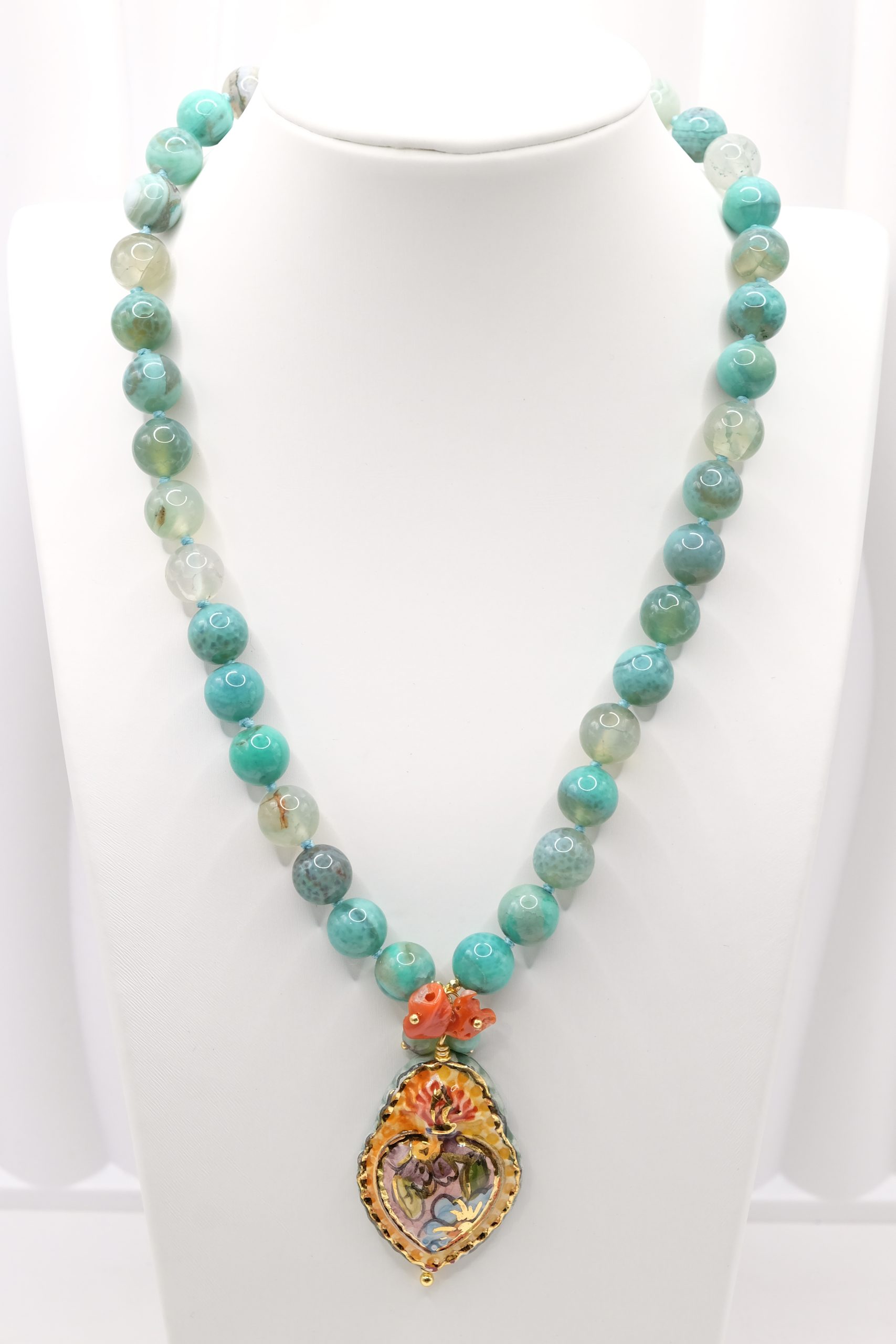 COLLANA SICILIANA ARTIGIANALE CRISOPRASIO SACRO CUORE CERAMICA DI CALTAGIRONE CORALLO (2)