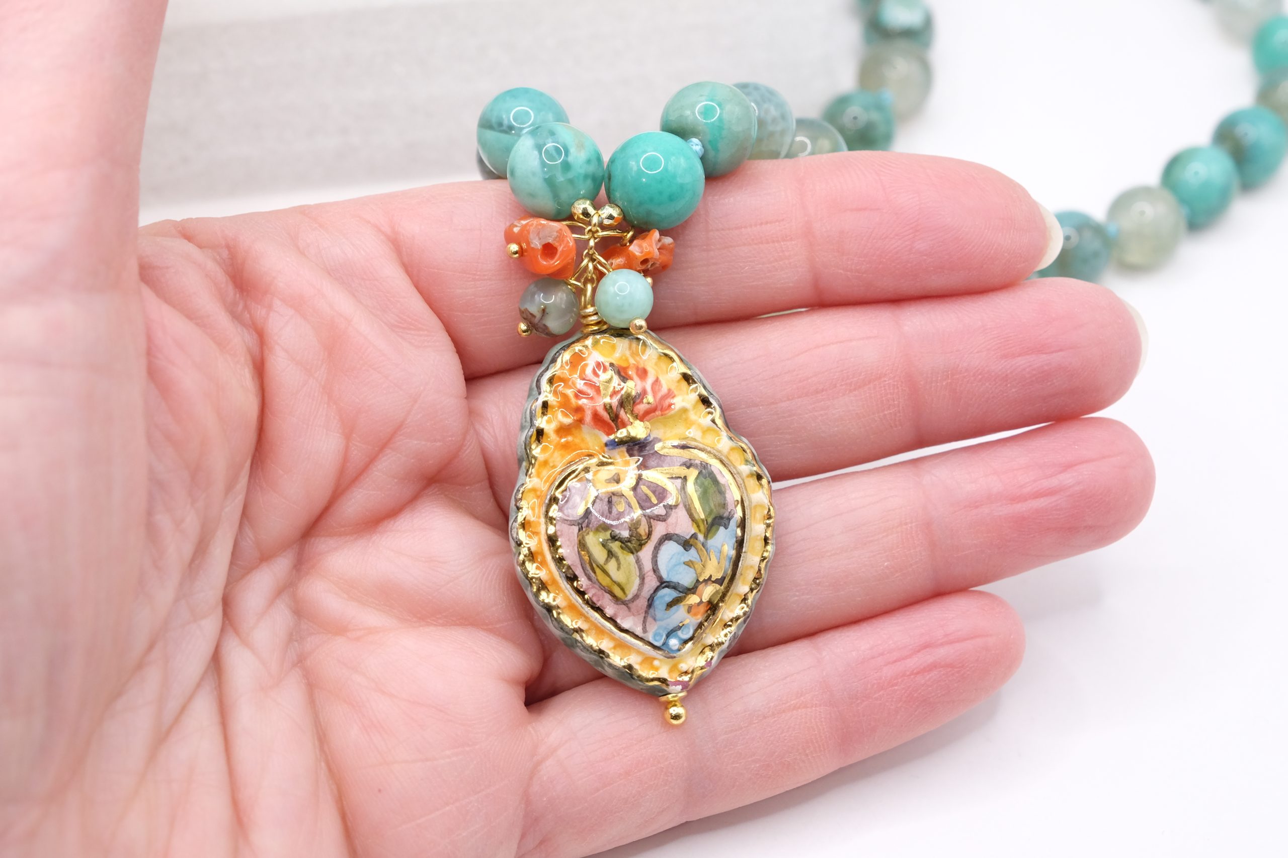 COLLANA SICILIANA ARTIGIANALE CRISOPRASIO SACRO CUORE CERAMICA DI CALTAGIRONE CORALLO (7)