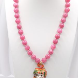 Collana Girocollo Testa di Moro Uomo in Ceramica Corallo e Giada Magenta