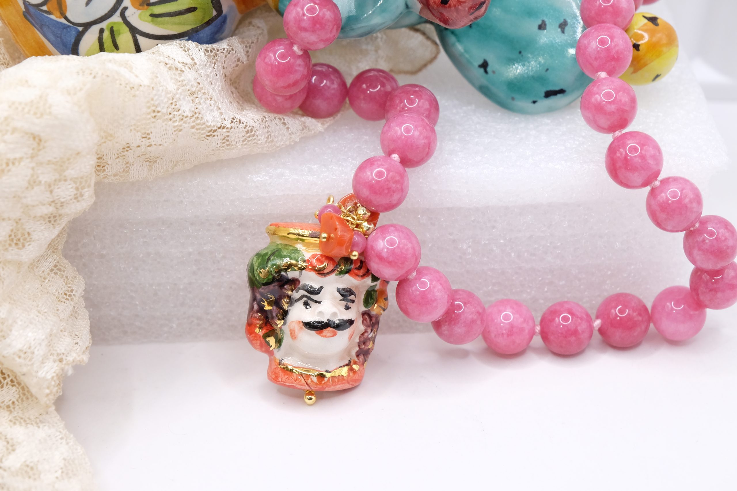 SICILIAN HANDCRAFTED NECKLACE MAGENTA JADE MOOR'S HEAD CALTAGIRONE CERAMIC CORAL (2)