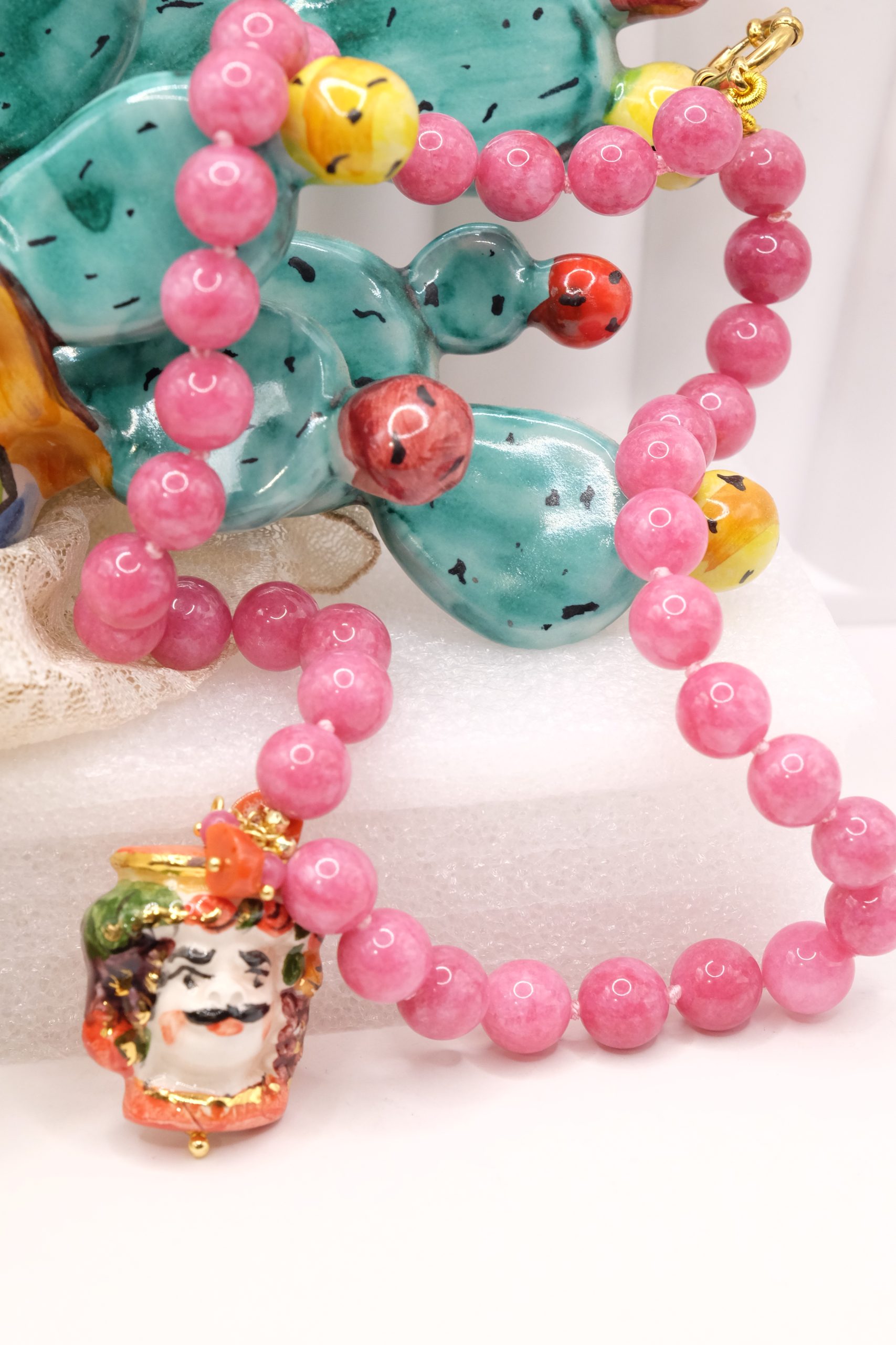 SICILIAN HANDCRAFTED NECKLACE MAGENTA JADE MOOR'S HEAD CALTAGIRONE CERAMIC CORAL (3)