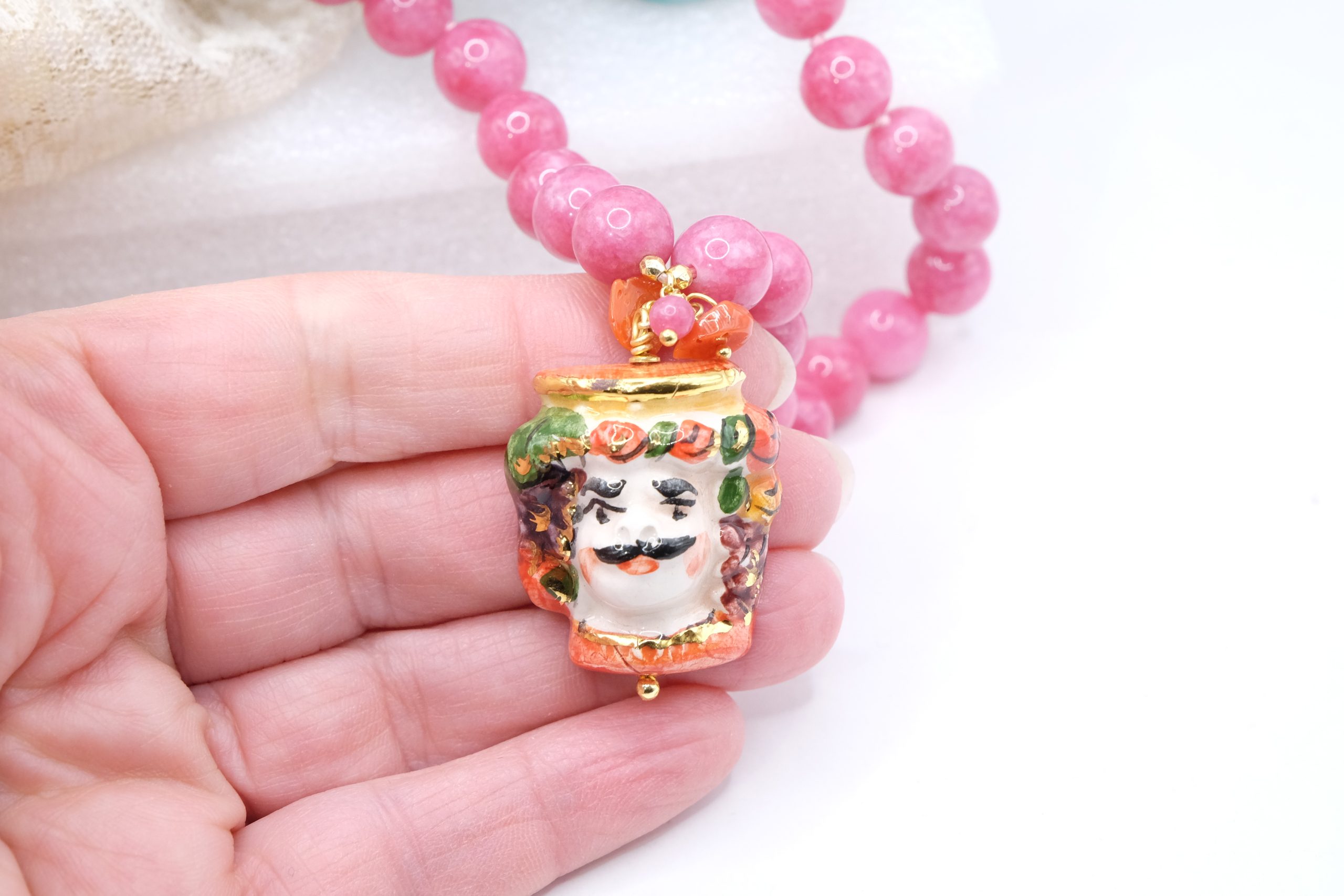 SICILIAN HANDCRAFTED NECKLACE MAGENTA JADE MOOR'S HEAD CALTAGIRONE CERAMIC CORAL (4)