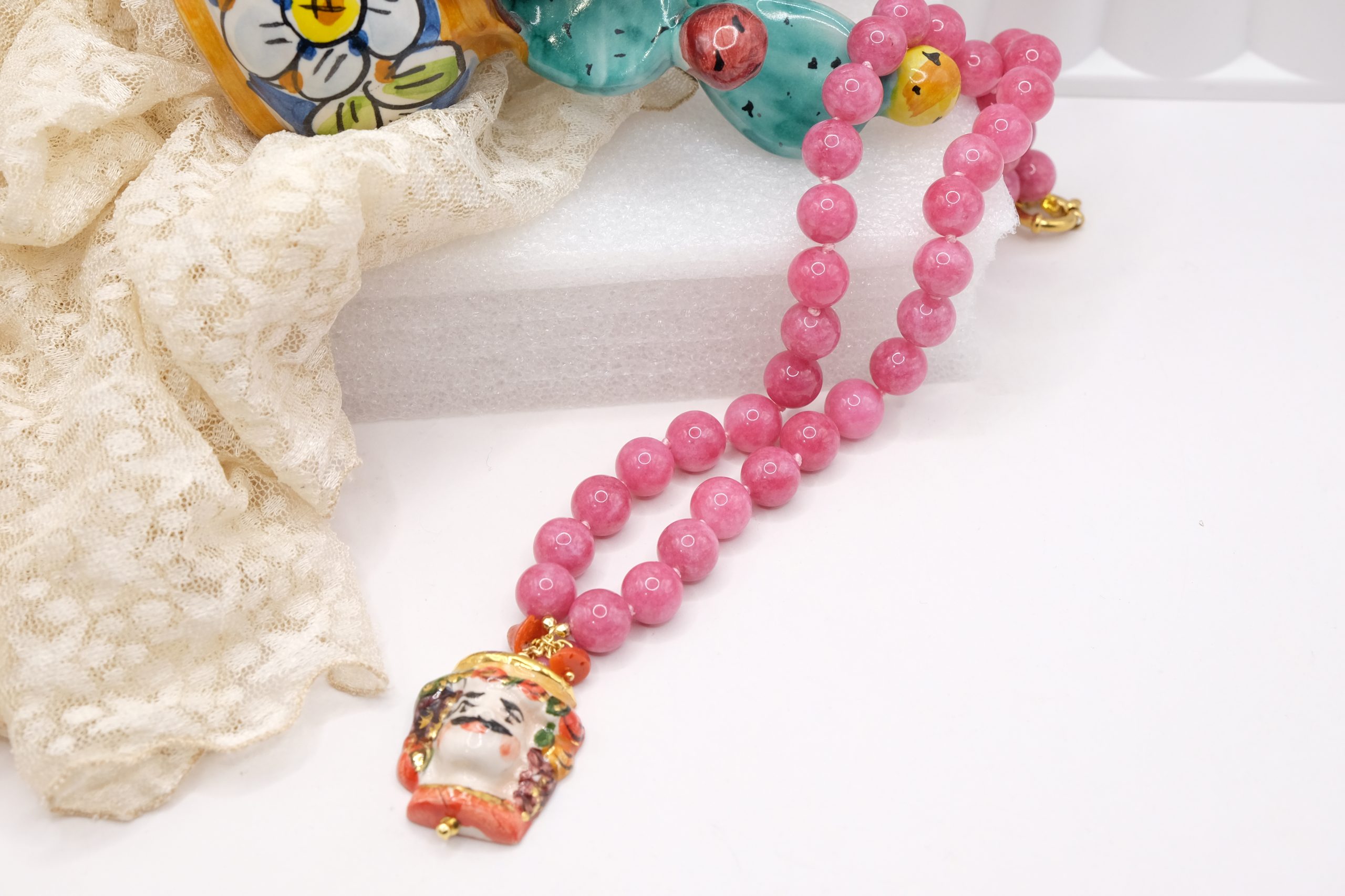 SICILIAN HANDCRAFTED NECKLACE MAGENTA JADE MOOR'S HEAD CALTAGIRONE CERAMIC CORAL (5)
