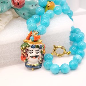 Collana Girocollo Testa di Moro Uomo in Ceramica Corallo e Giada Tiffany