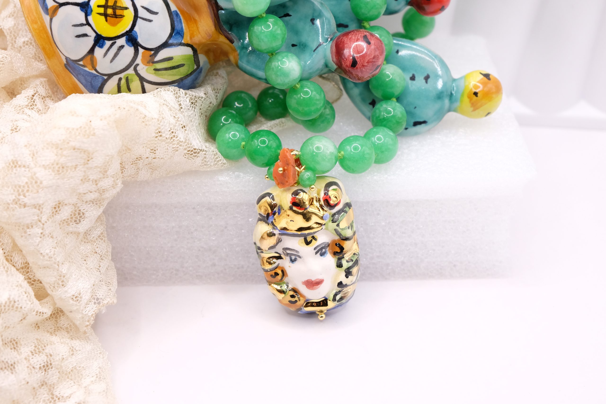 SICILIAN NECKLACE, GREEN JADE, MOOR'S HEAD, CALTAGIRONE CERAMIC, CORAL (3)