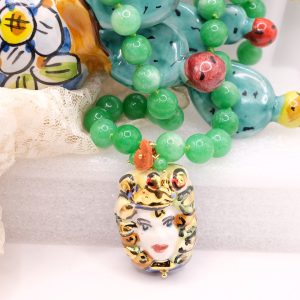Collana Girocollo Testa di Moro Donna in Ceramica Corallo e Giada Verde
