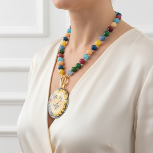 Collana Ciondolo Ceramica di Caltagirone Sole Luna Agata Multicolore