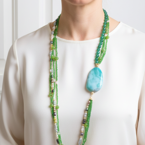 Collana Multifilo Perle Giada Verde Cristalli Piastra Agata