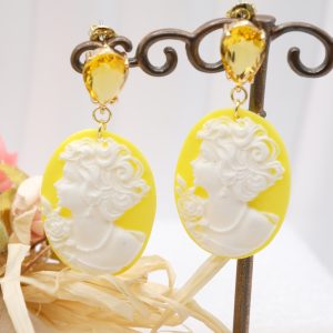 Orecchini Cammeo in Resina Giallo Cristallo Ambrato Acciaio