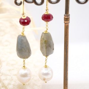 Orecchini Labradorite Argento 925 Perle Giada Borgogna