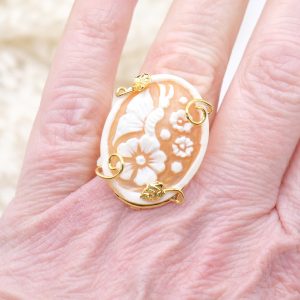 Anello Cammeo di Torre del Greco Fiore Farfalla Argento Dorato