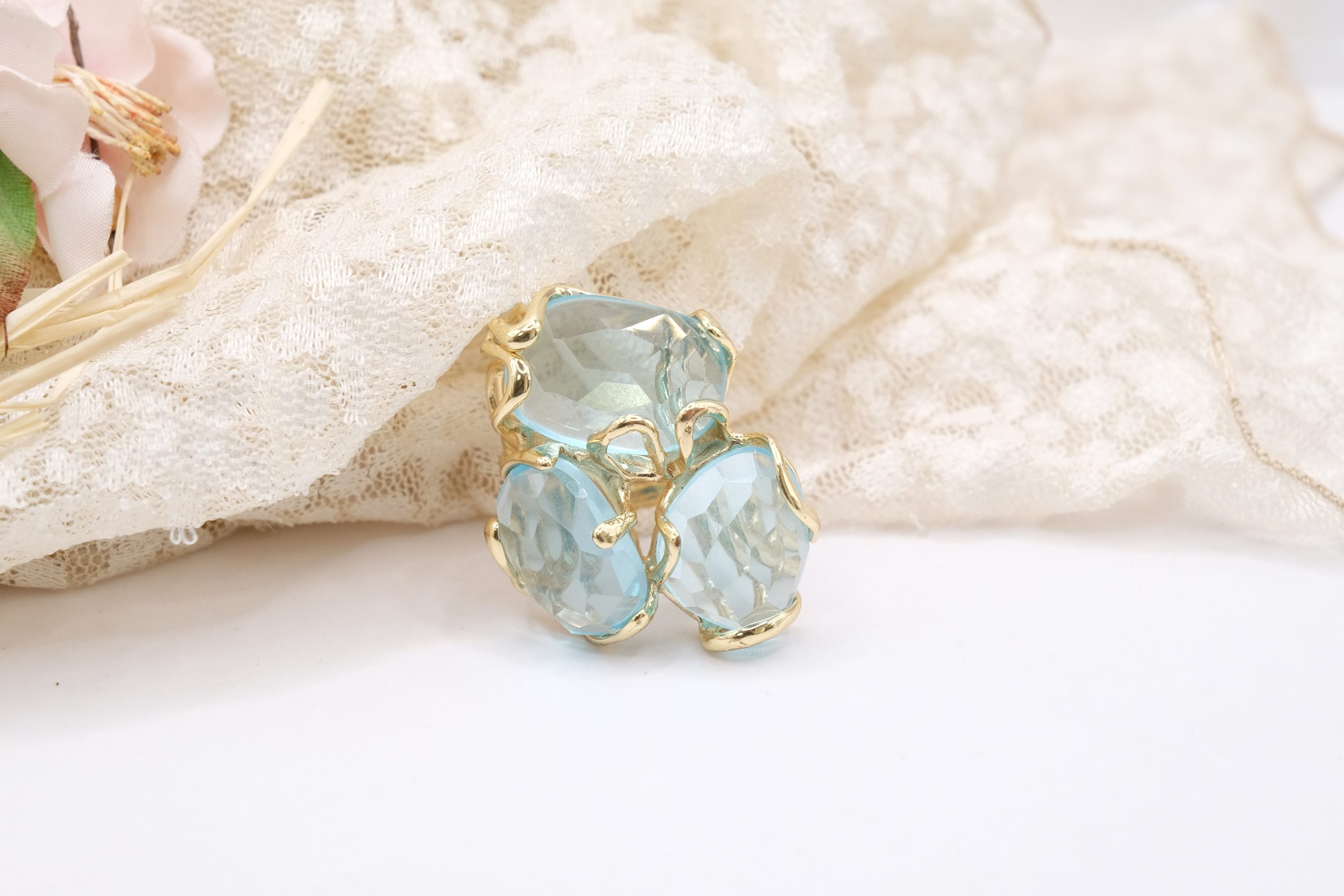 ANELLO CRISTALLO DI ROCCA AZZURRO ACQUAMARINA OTTONE (1)