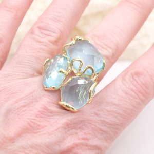 Anello Maxi 3 Pietre Cristallo di Rocca Azzurro Acquamarina