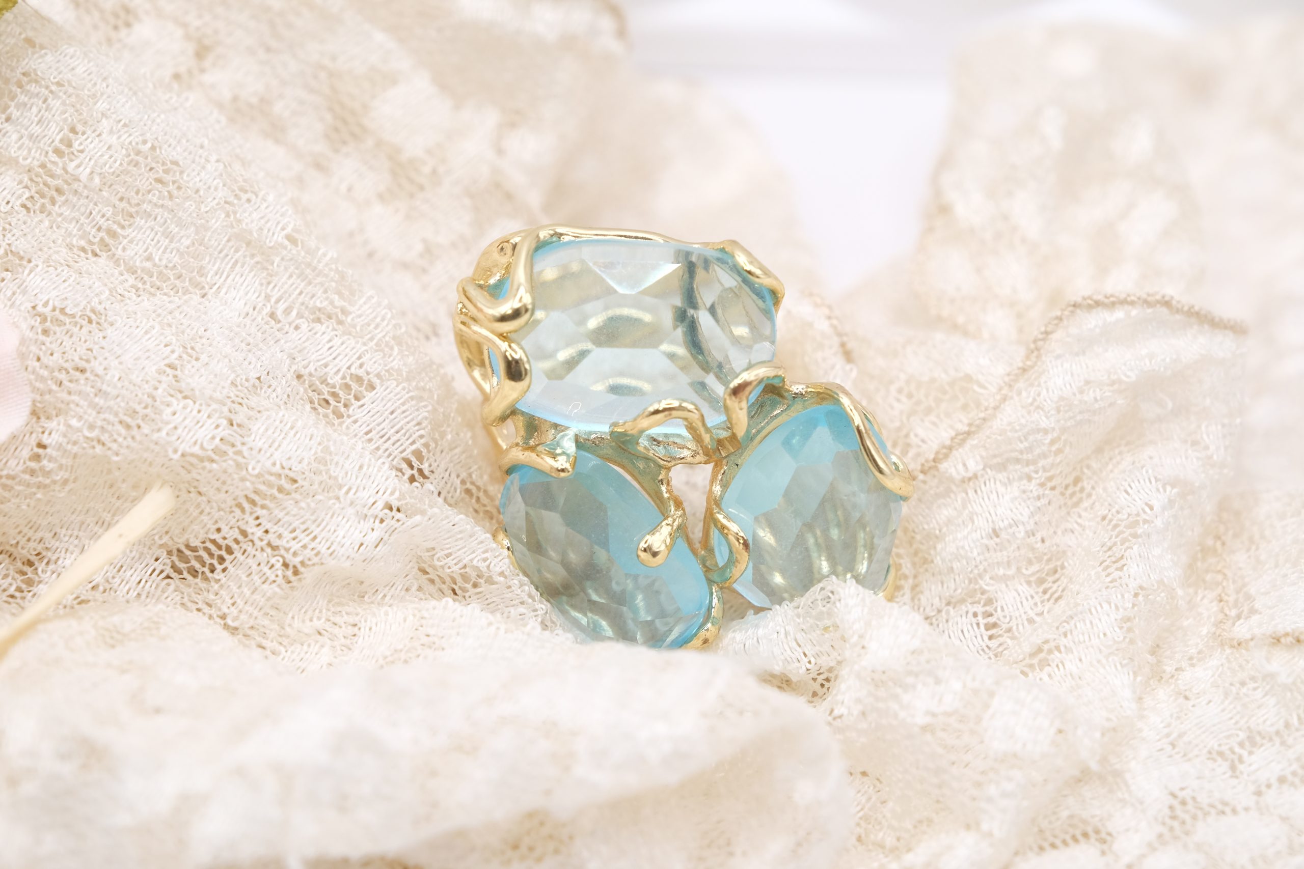 ANELLO CRISTALLO DI ROCCA AZZURRO ACQUAMARINA OTTONE (5)