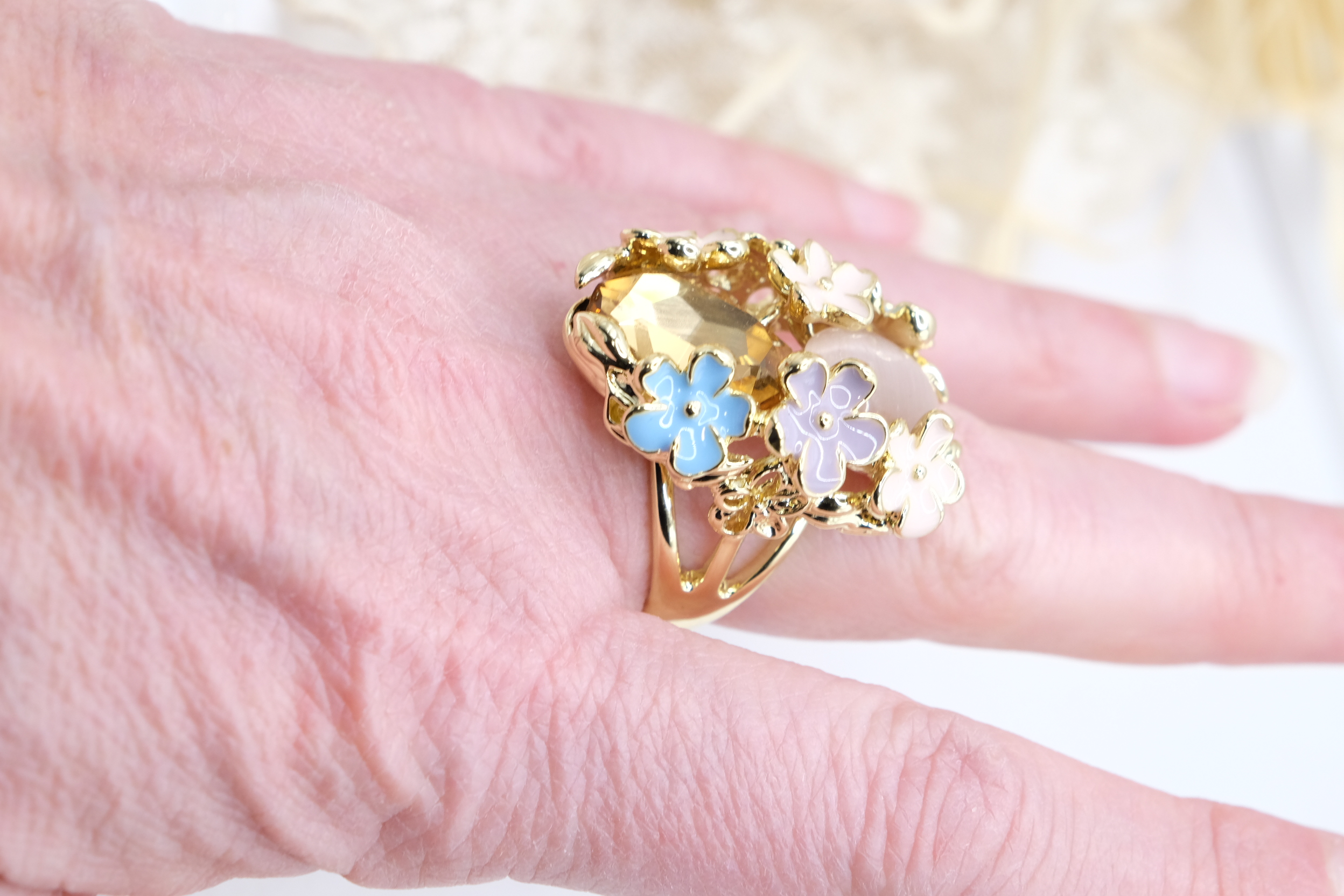 ANELLO DA COCKTAIL FIORI SMALTO OCCHIO DI GATTO ROSA CRISTALLO AMBRATO (1)