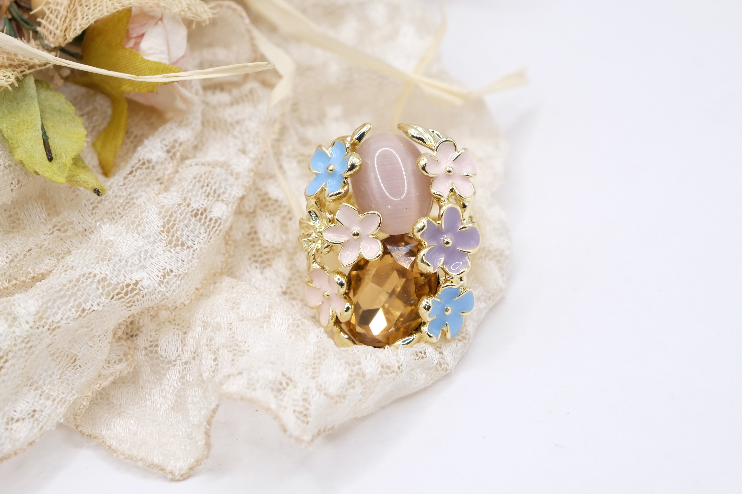 ANELLO DA COCKTAIL FIORI SMALTO OCCHIO DI GATTO ROSA CRISTALLO AMBRATO (2)