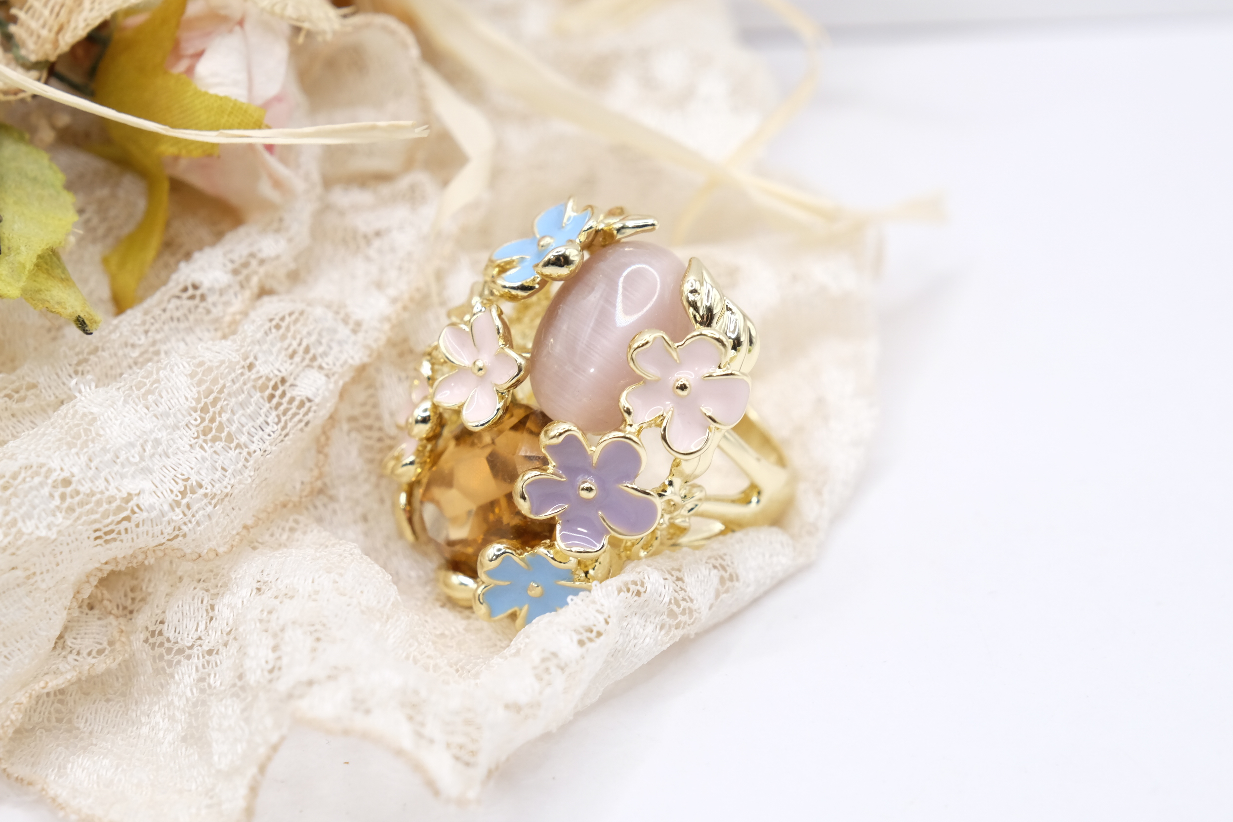 ANELLO DA COCKTAIL FIORI SMALTO OCCHIO DI GATTO ROSA CRISTALLO AMBRATO (3)