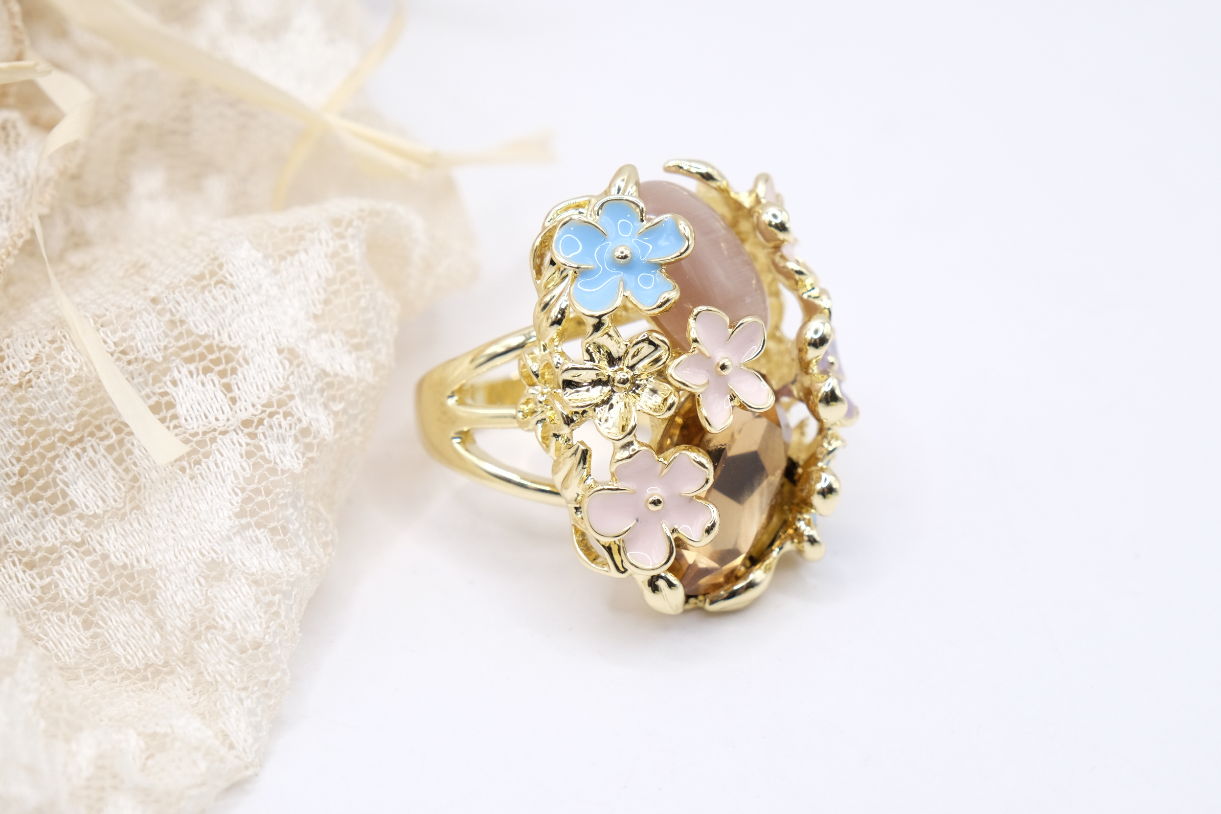 ANELLO DA COCKTAIL FIORI SMALTO OCCHIO DI GATTO ROSA CRISTALLO AMBRATO (4)