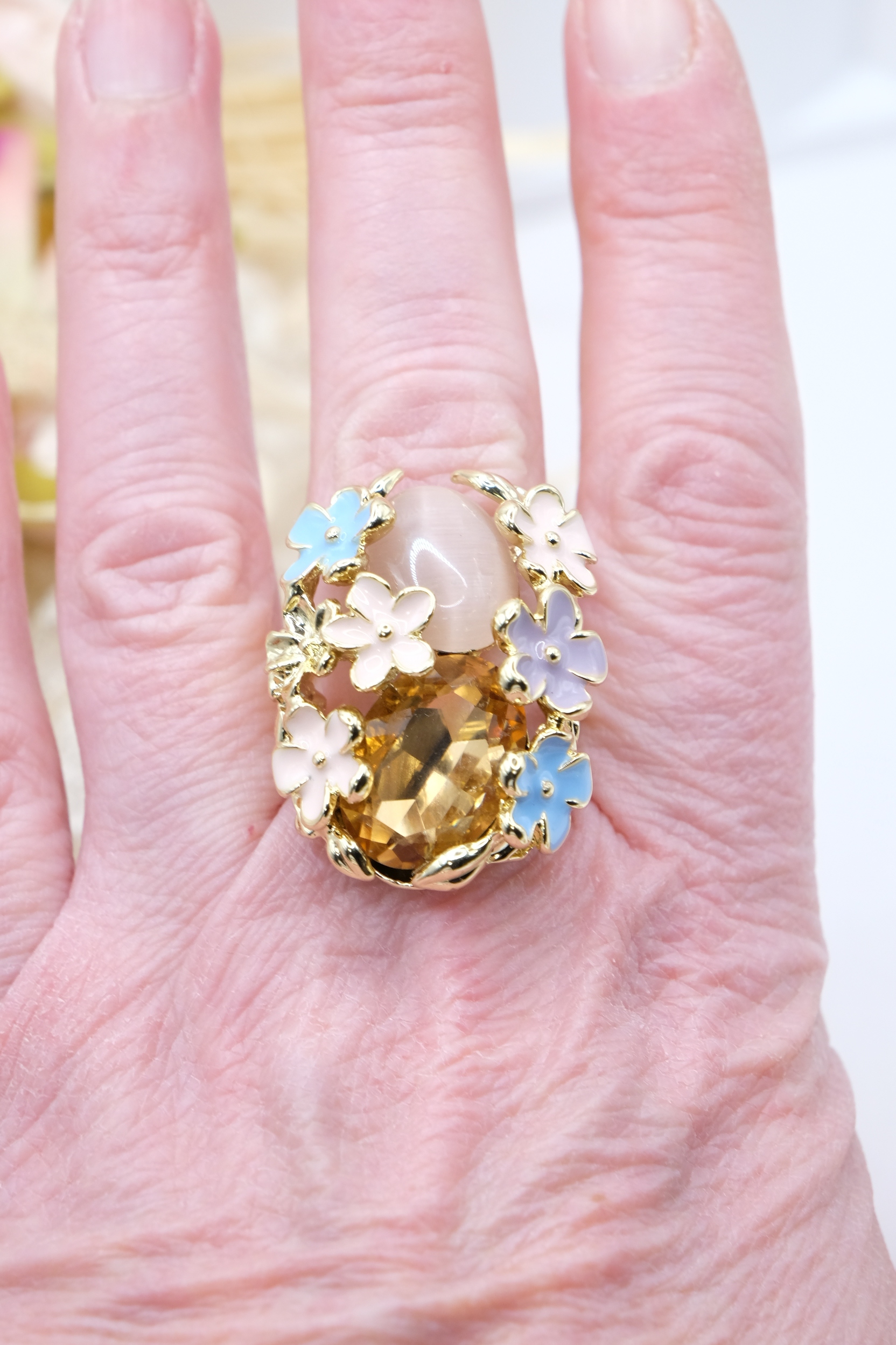 ANELLO DA COCKTAIL FIORI SMALTO OCCHIO DI GATTO ROSA CRISTALLO AMBRATO (5)