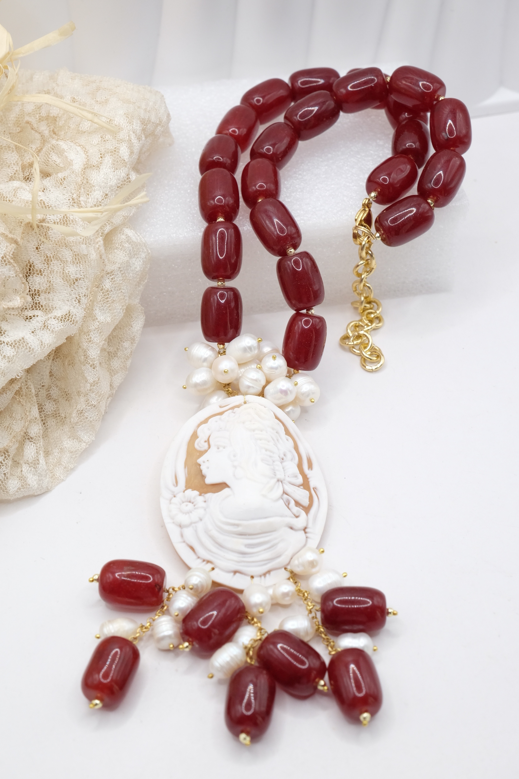 COLLANA ARTIGIANAE BARILOTTI CORNIOLA PERLE CAMMEO DI TORRE DEL GRECO (1)