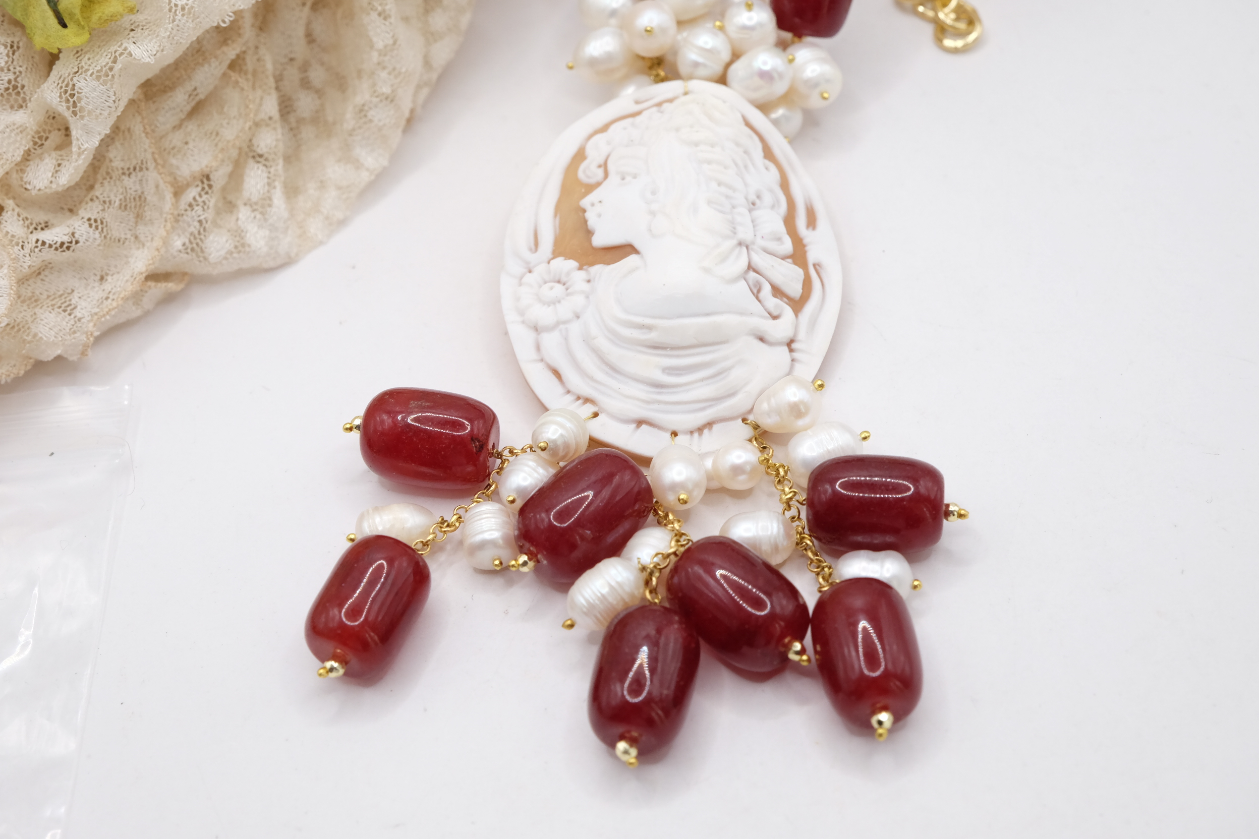 COLLANA ARTIGIANAE BARILOTTI CORNIOLA PERLE CAMMEO DI TORRE DEL GRECO (2)