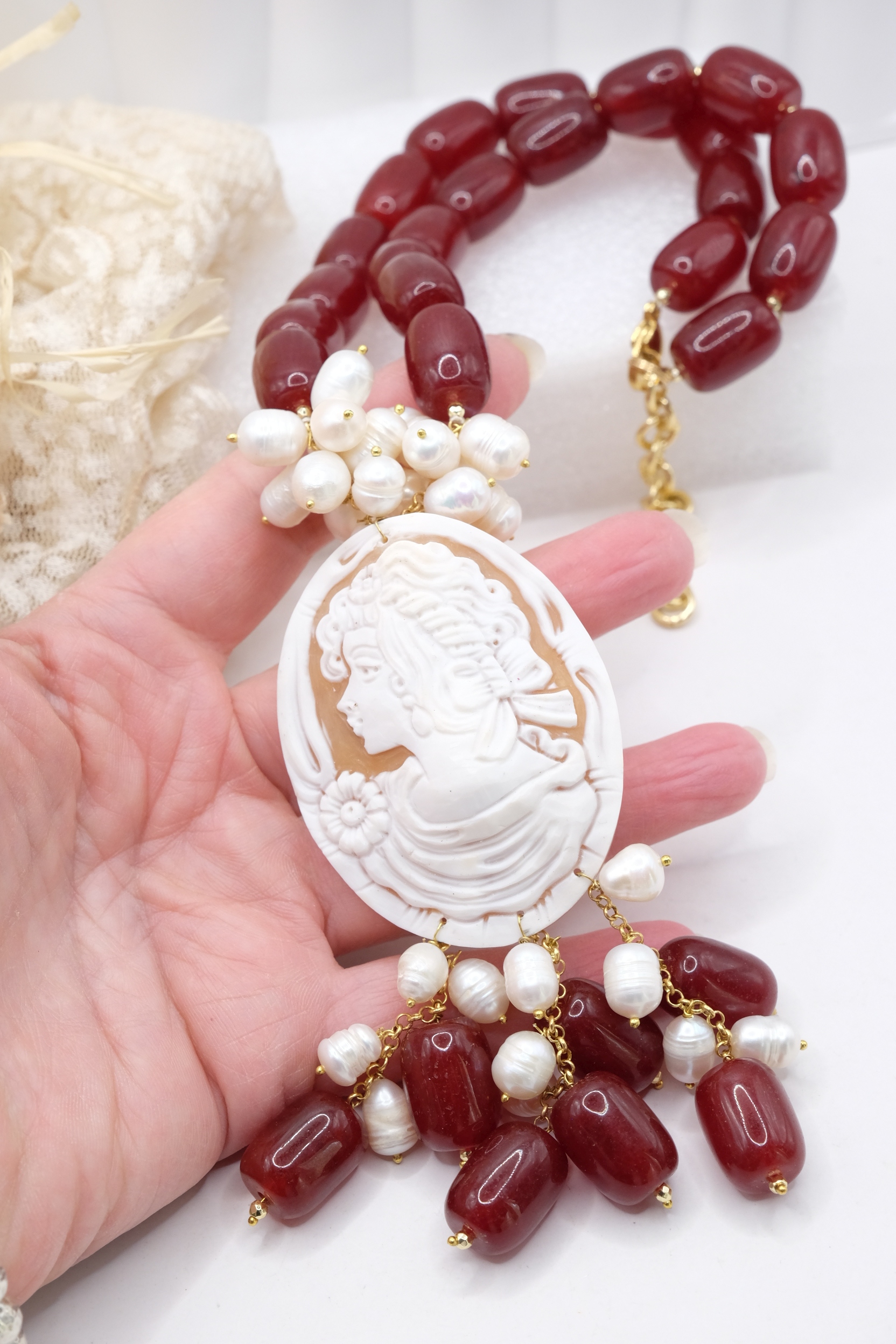 COLLANA ARTIGIANAE BARILOTTI CORNIOLA PERLE CAMMEO DI TORRE DEL GRECO (3)