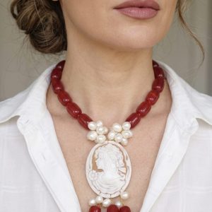 Collana Barilotti Corniola Perle e Cammeo di Torre del Greco a Y