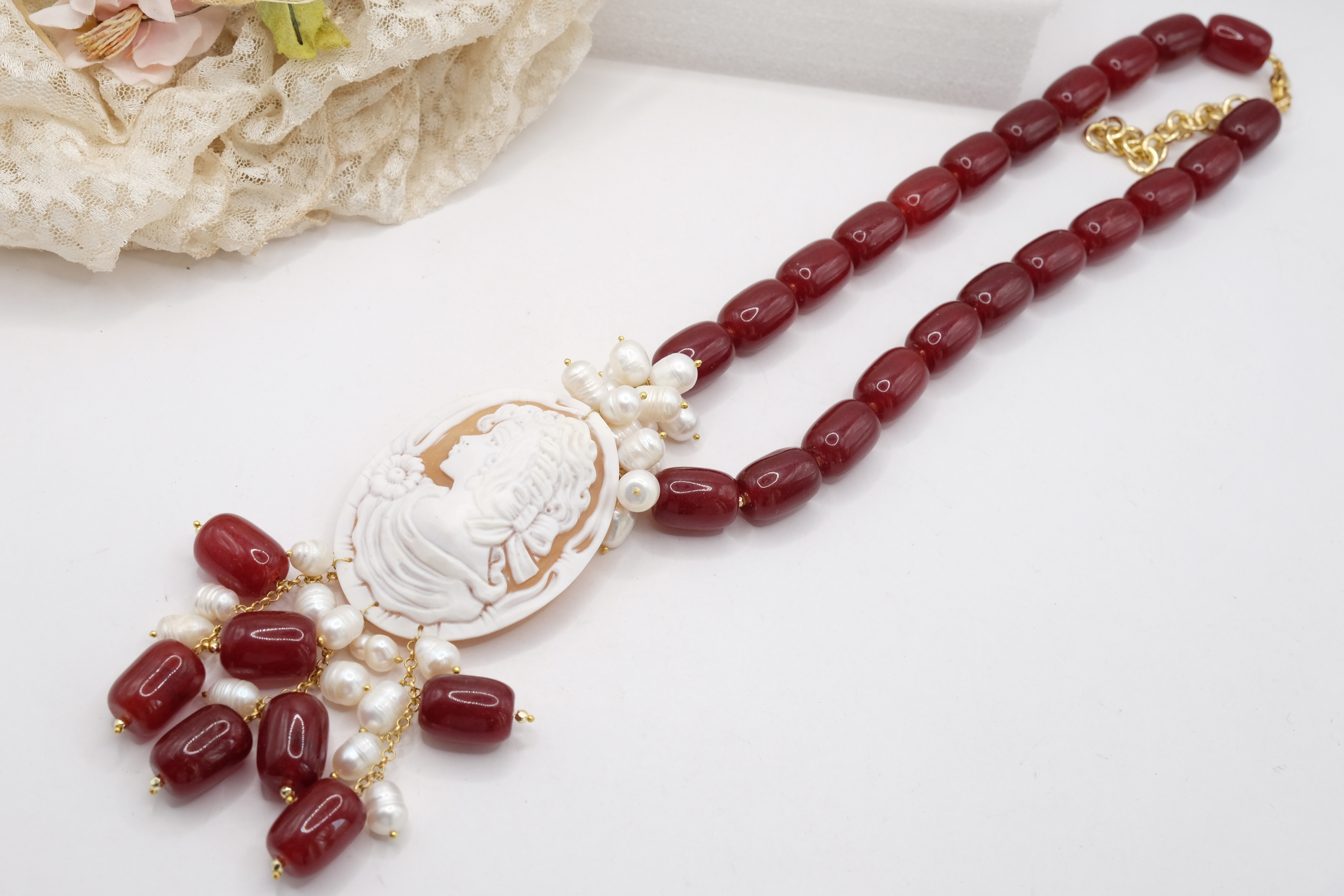 COLLANA ARTIGIANAE BARILOTTI CORNIOLA PERLE CAMMEO DI TORRE DEL GRECO (5)