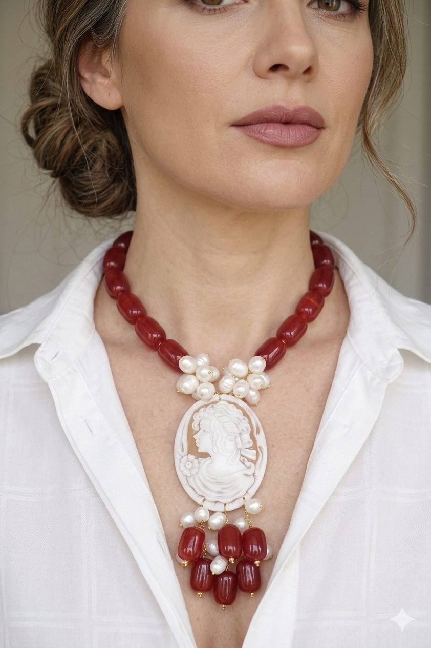 COLLANA ARTIGIANAE BARILOTTI CORNIOLA PERLE CAMMEO DI TORRE DEL GRECO