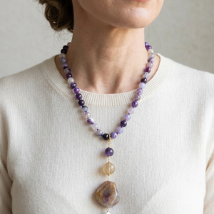 Collana Artigianale Ciondolo Diaspro Citrino Perla Ametista