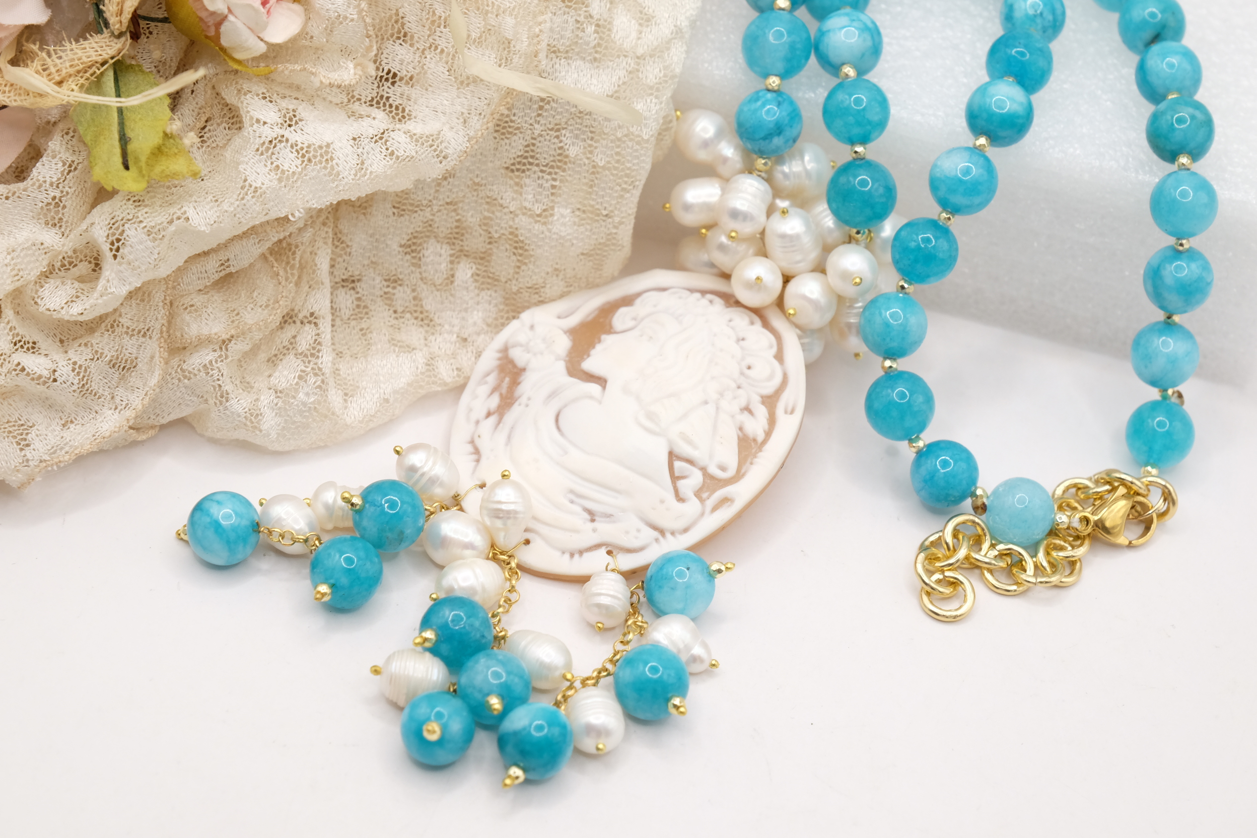 COLLANA ARTIGIANALE ANGELITE PERLE CAMMEO DI TORRE DEL GRECO (1)