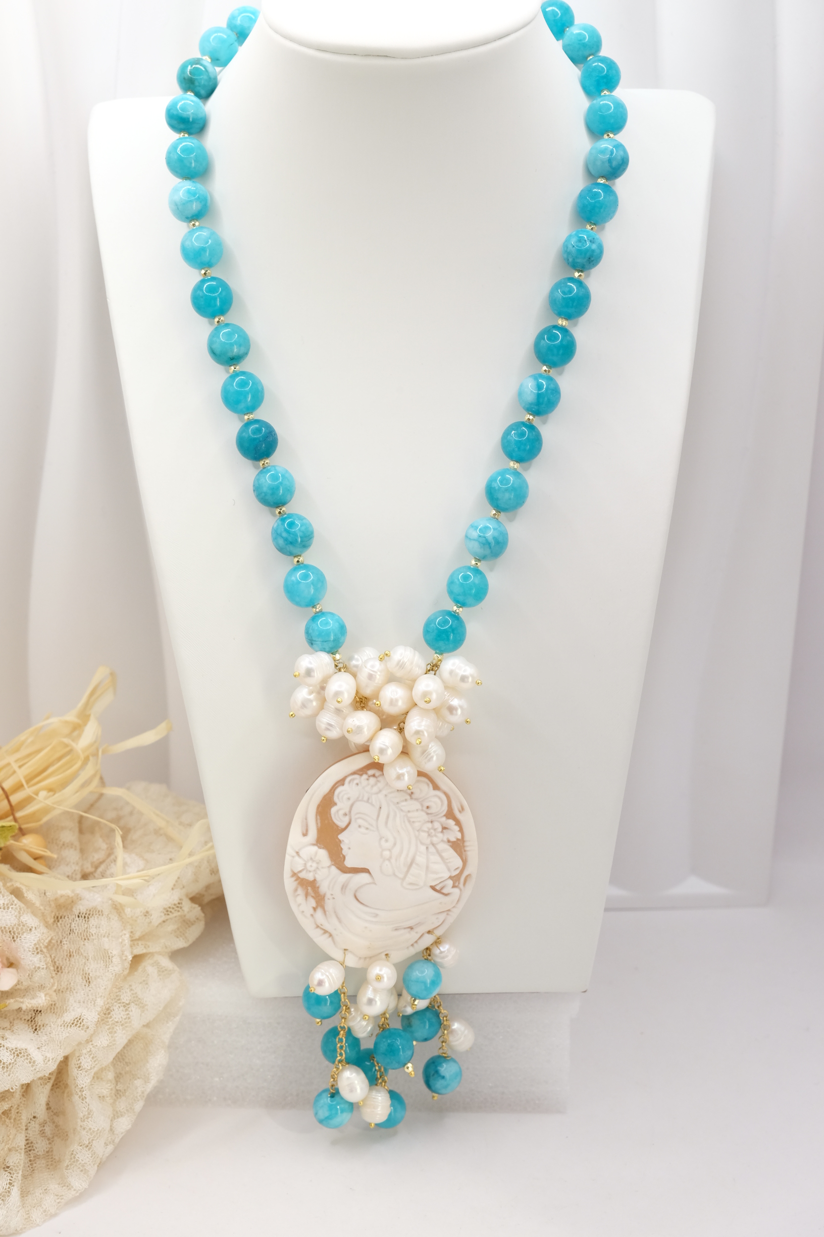 COLLANA ARTIGIANALE ANGELITE PERLE CAMMEO DI TORRE DEL GRECO (2)