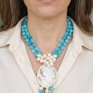 Collana Angelite Azzurra Perle e Cammeo di Torre del Greco a Y