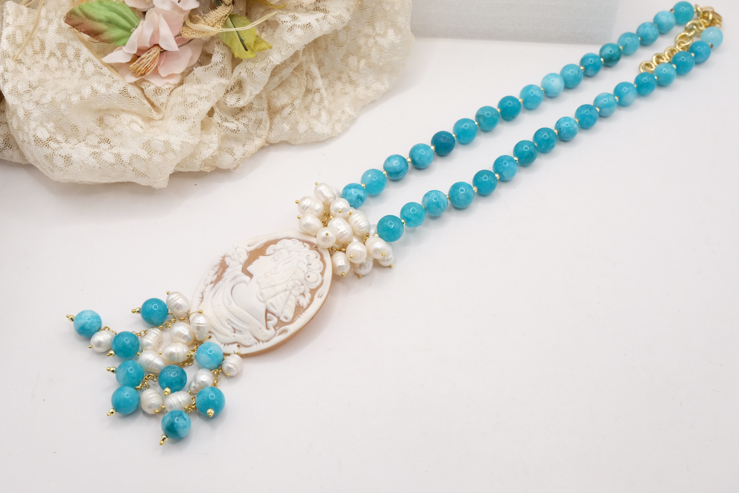 COLLANA ARTIGIANALE ANGELITE PERLE CAMMEO DI TORRE DEL GRECO