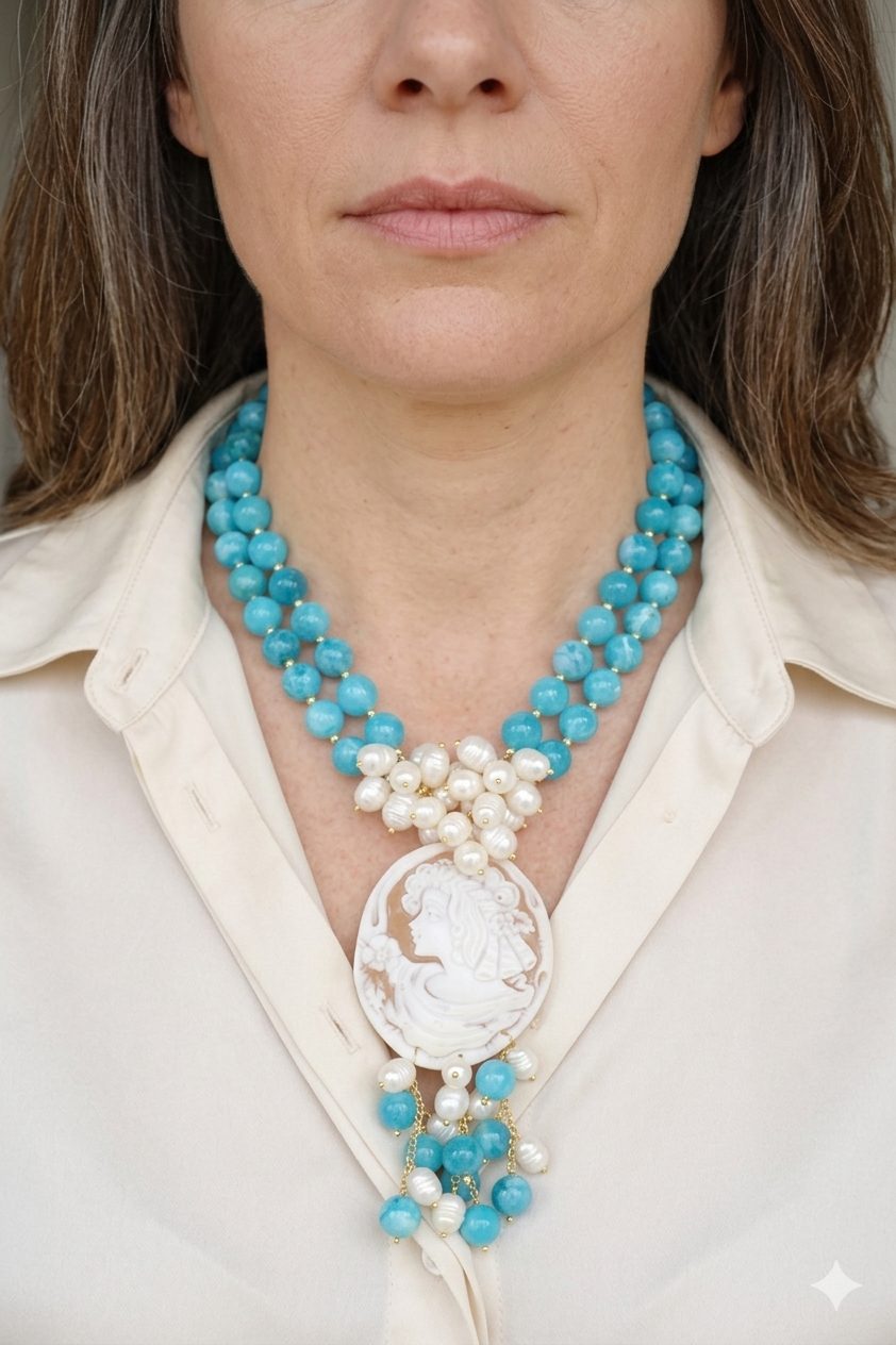 COLLANA ARTIGIANALE ANGELITE PERLE CAMMEO DI TORRE DEL GRECO