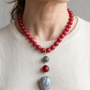 Collana Artigianale Ciondolo Calcedonio Agata Borgogna Perla