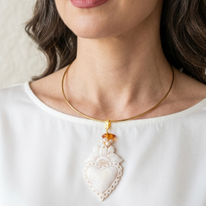 Ciondolo Cammeo Genuino Sacro Cuore Perle Acquamarina Grappolo