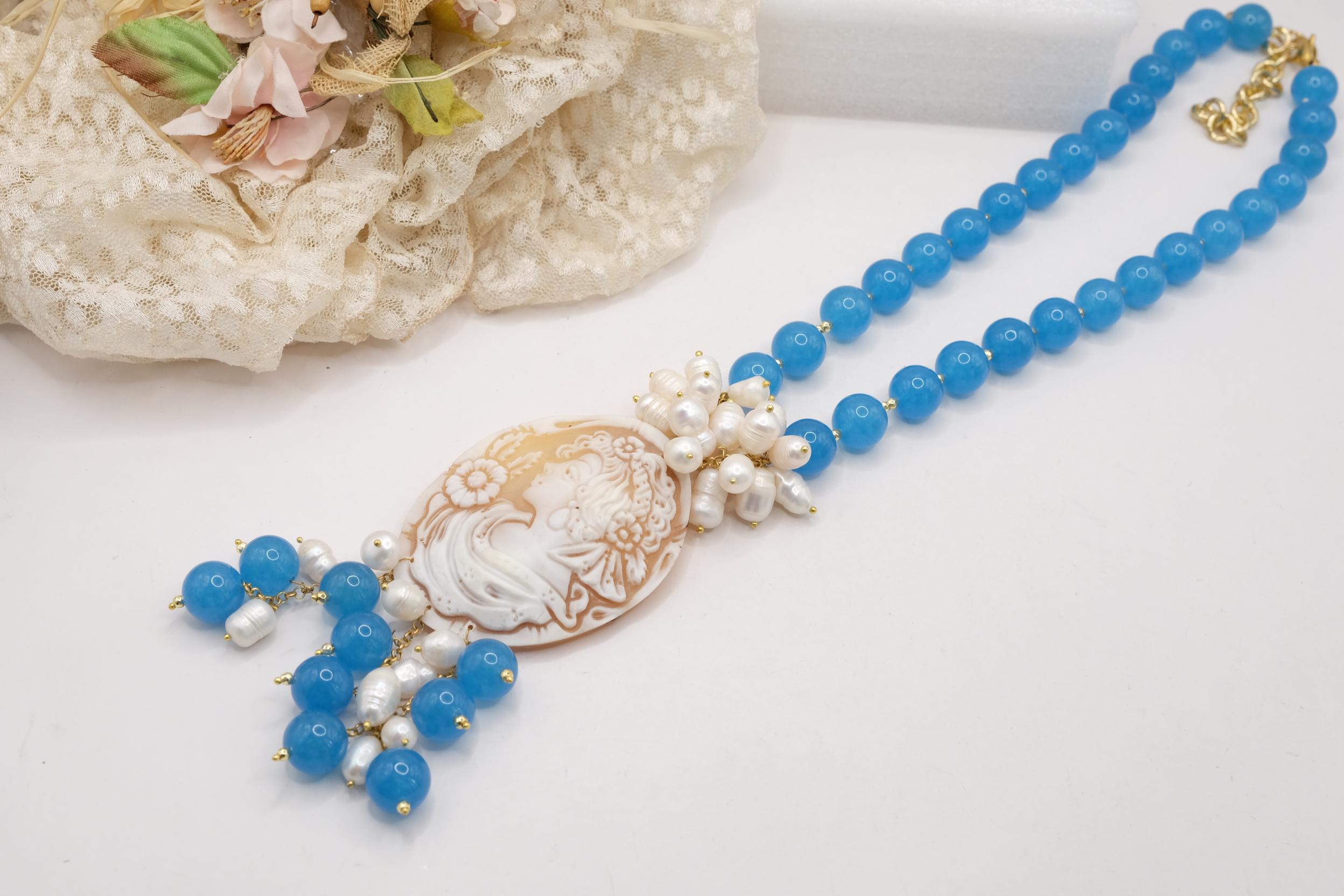 COLLANA ARTIGIANALE GIADA AZZURRA PERLE CAMMEO DI TORRE DEL GRECO (1)