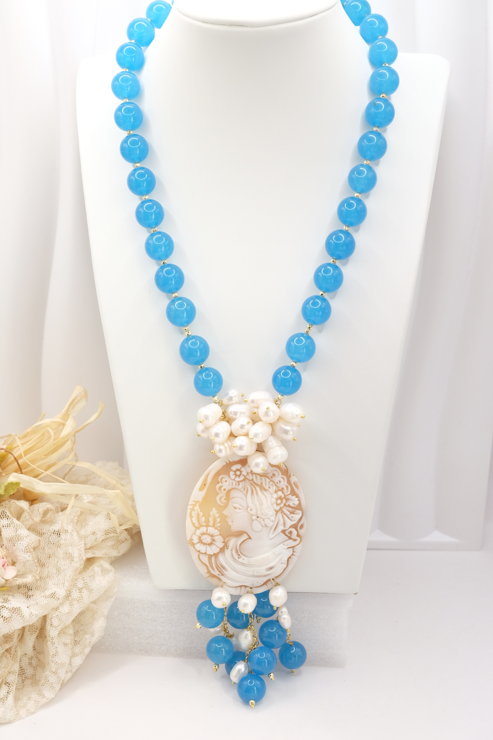 COLLANA ARTIGIANALE GIADA AZZURRA PERLE CAMMEO DI TORRE DEL GRECO (2)