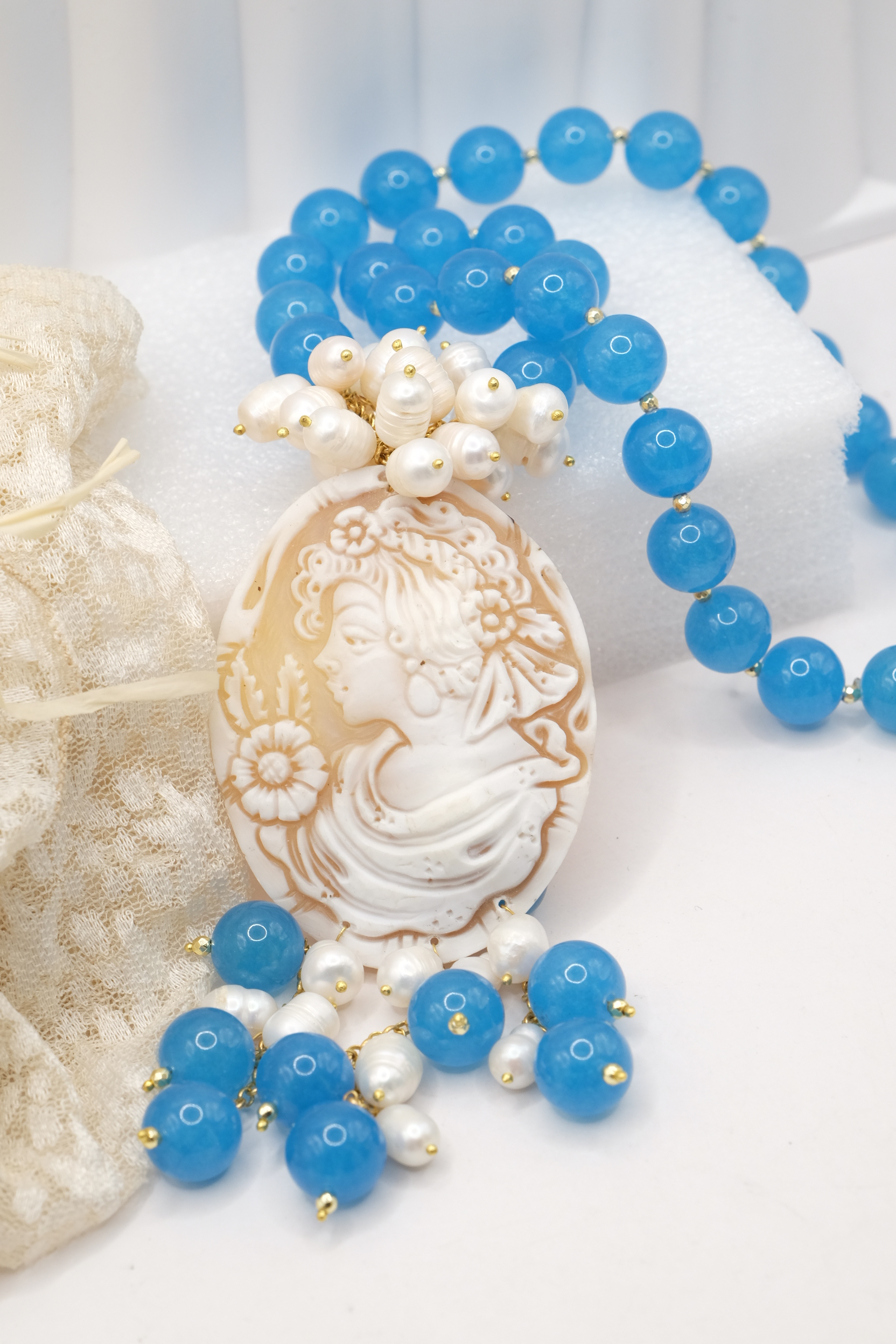 COLLANA ARTIGIANALE GIADA AZZURRA PERLE CAMMEO DI TORRE DEL GRECO (3)