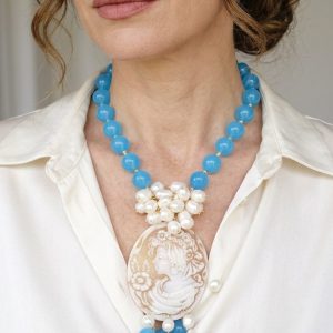 Collana Giada Azzurra Perle e Cammeo di Torre del Greco a Y