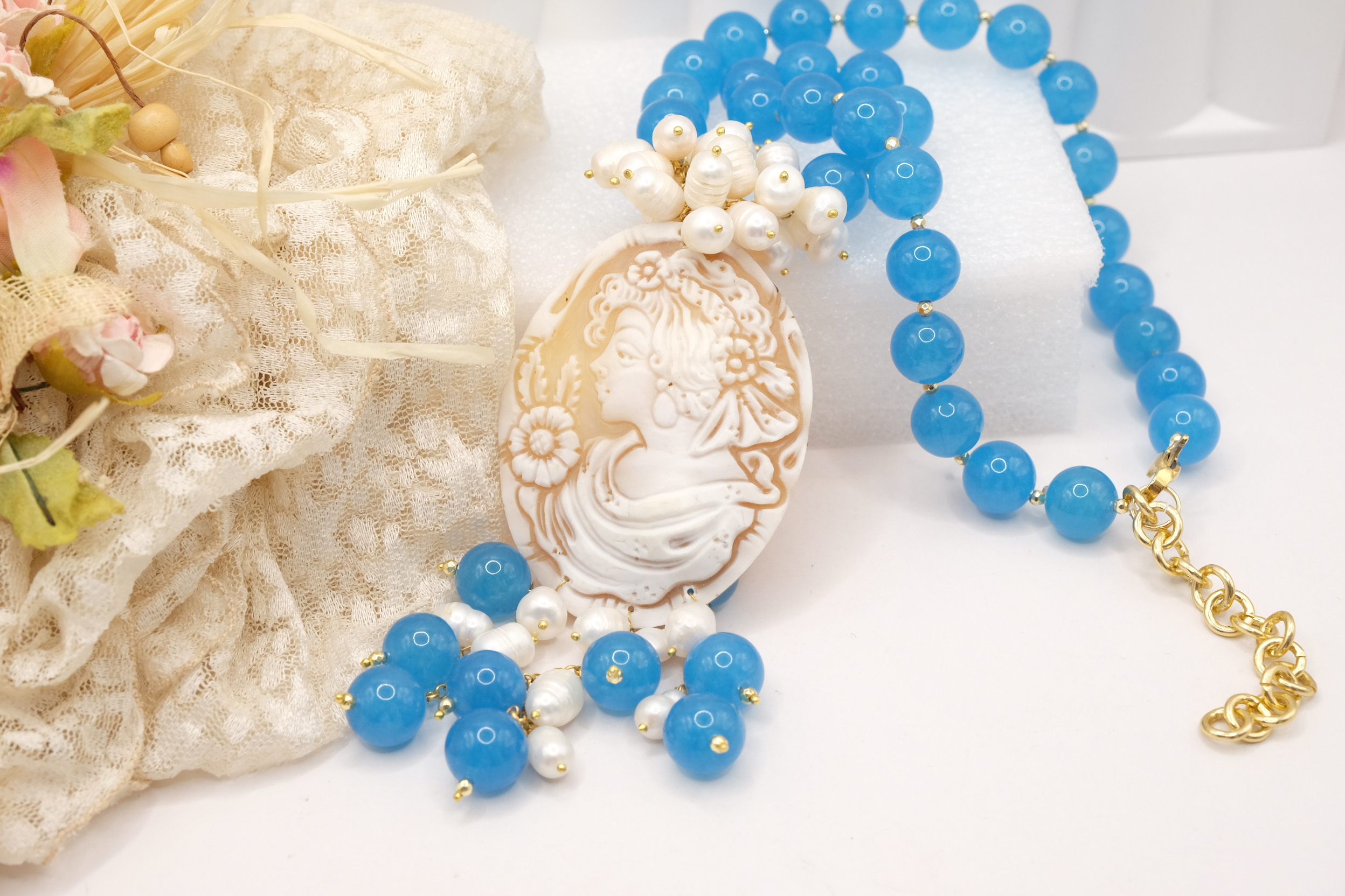 COLLANA ARTIGIANALE GIADA AZZURRA PERLE CAMMEO DI TORRE DEL GRECO (4)