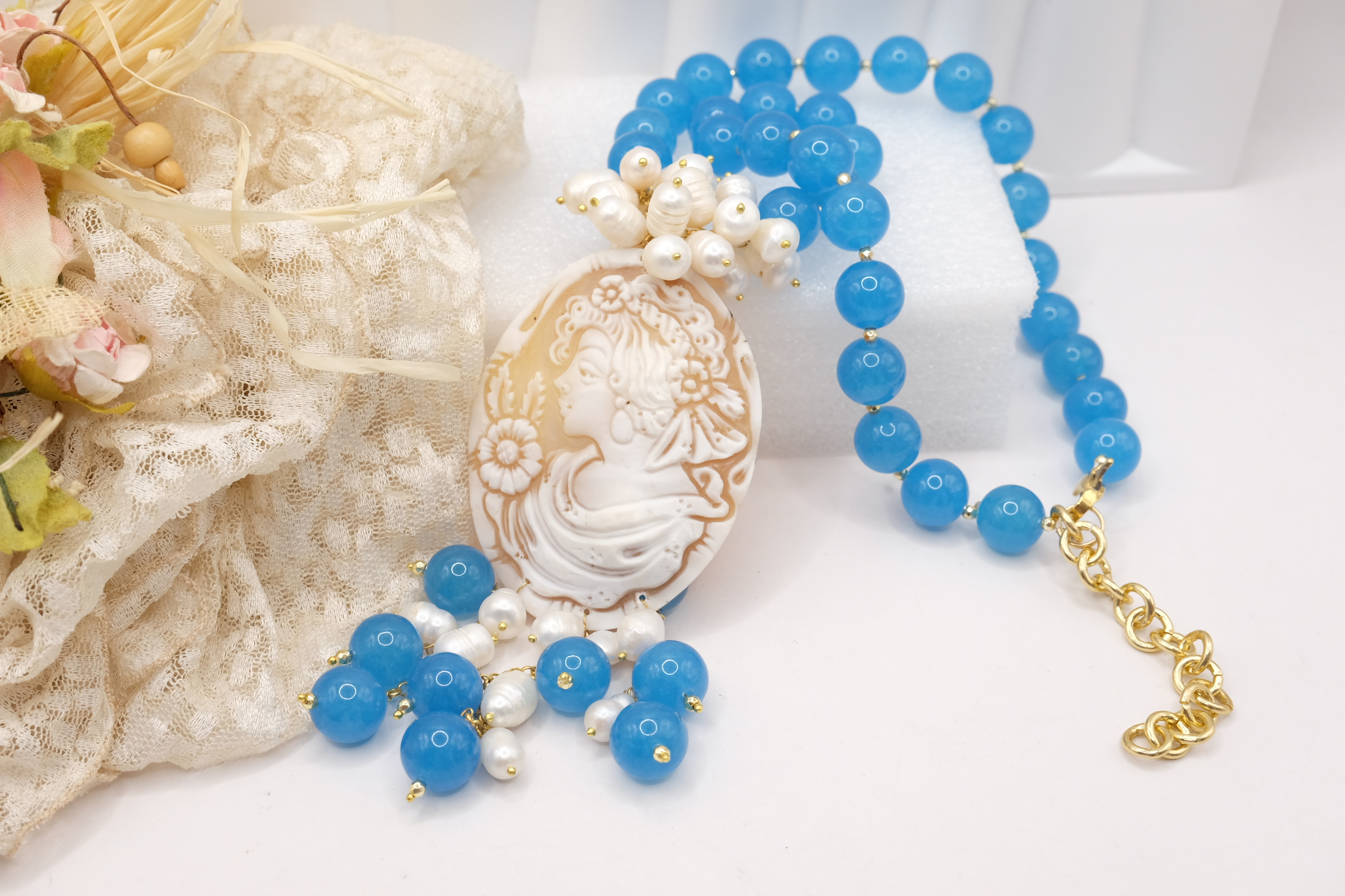 COLLANA ARTIGIANALE GIADA AZZURRA PERLE CAMMEO DI TORRE DEL GRECO (5)