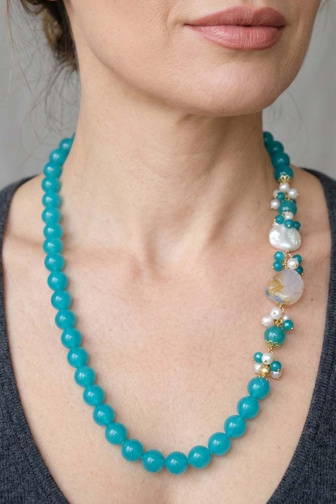 COLLANA ARTIGIANALE GIADA TIFFANY PERLE QUARZO