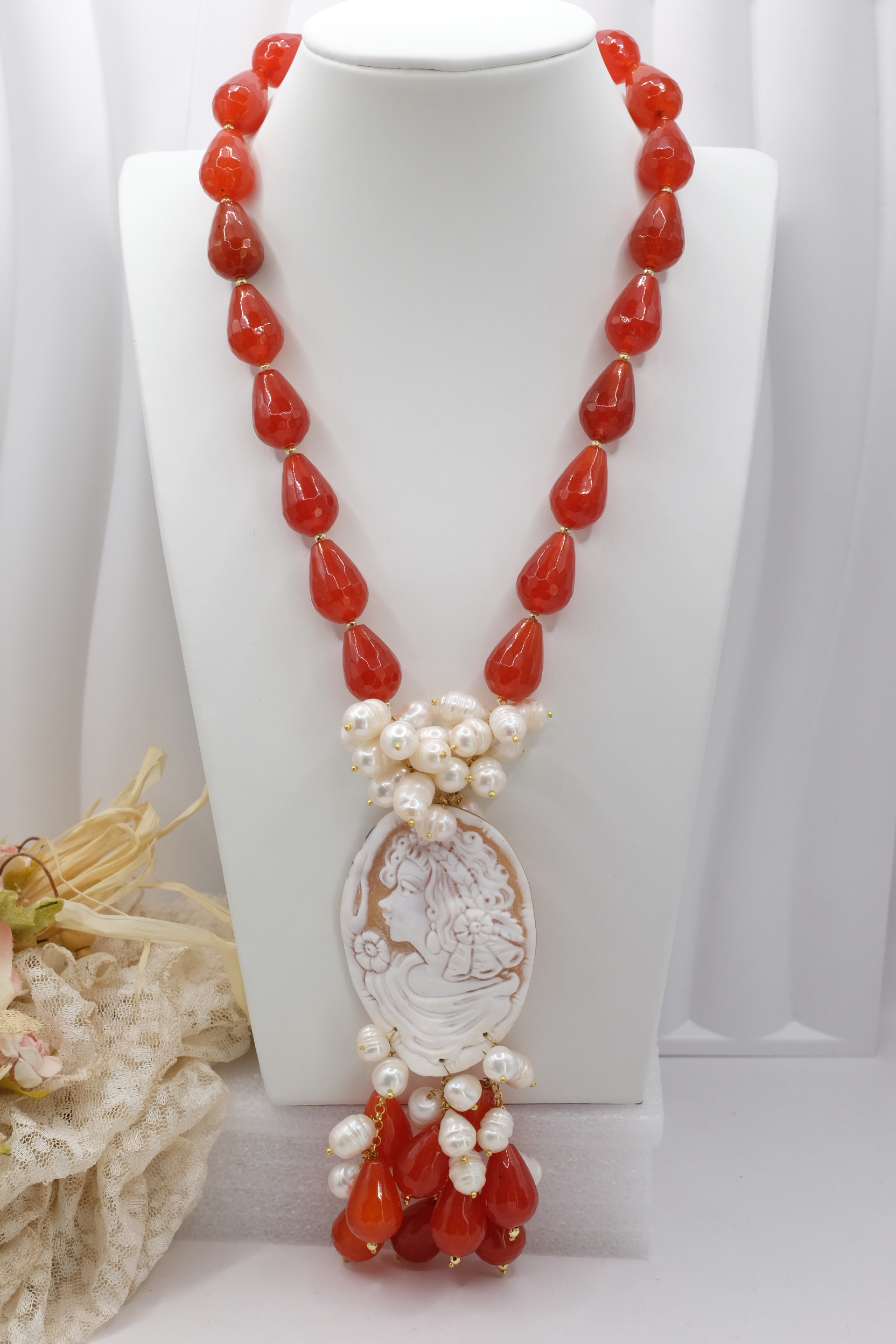 COLLANA ARTIGIANALE GOCCE CORNIOLA ARANCIONE CAMMEO DI TORRE DEL GRECO (2)