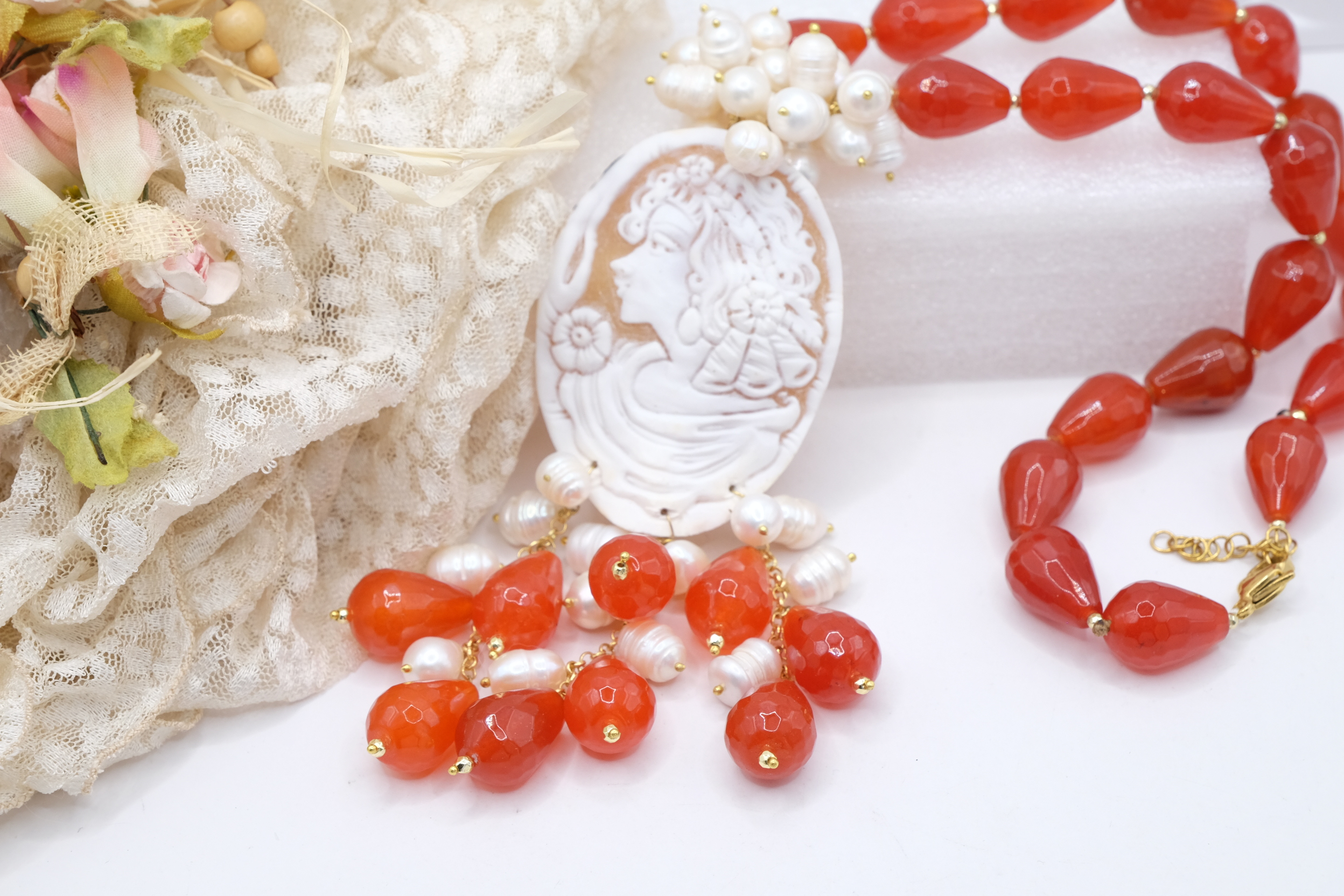 COLLANA ARTIGIANALE GOCCE CORNIOLA ARANCIONE CAMMEO DI TORRE DEL GRECO (3)