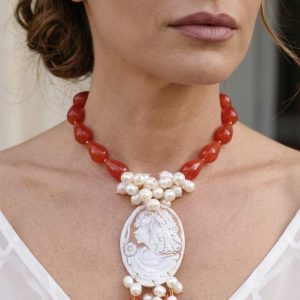 Collana Gocce Corniola Arancione Perle e Cammeo di Torre del Greco a Y