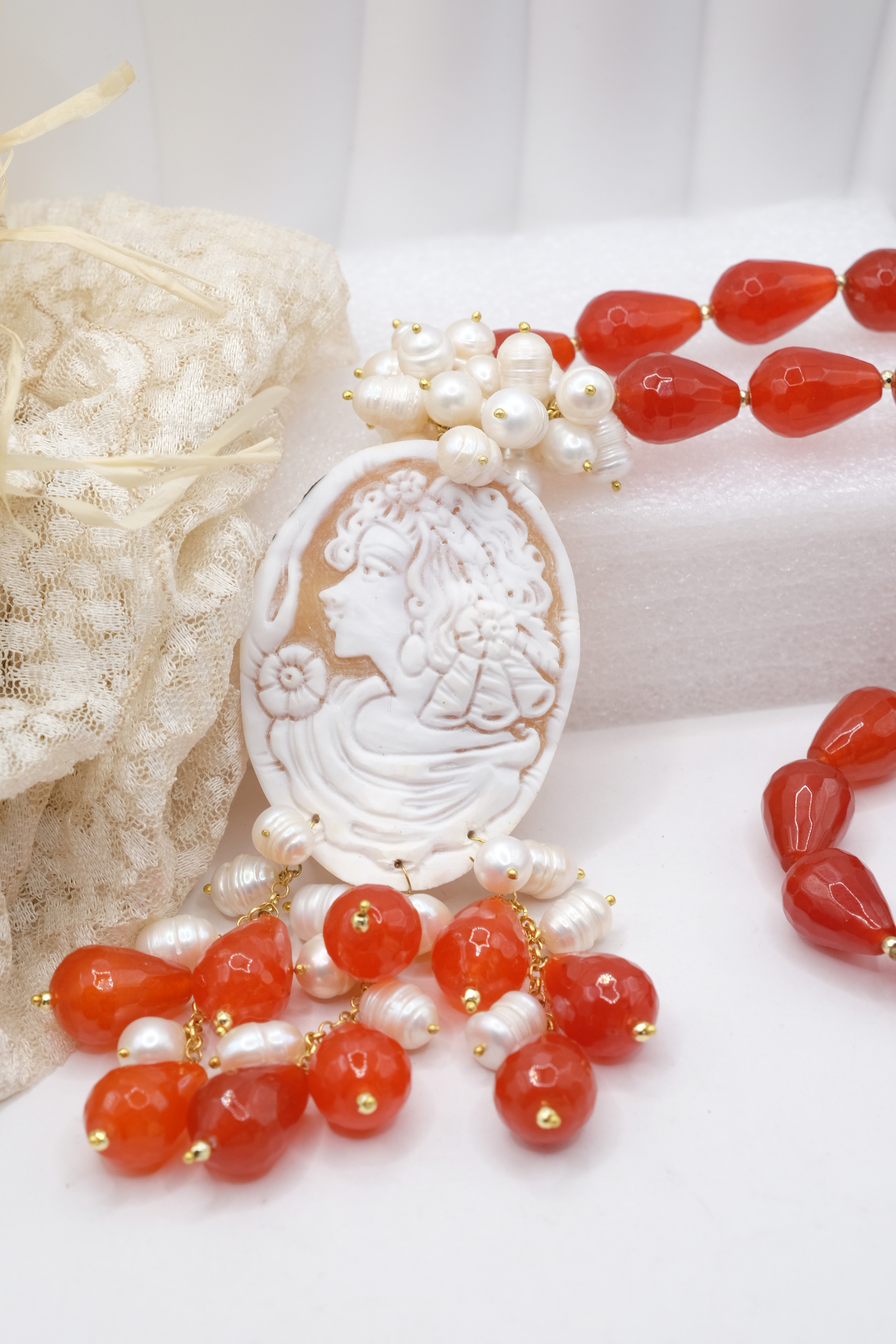 COLLANA ARTIGIANALE GOCCE CORNIOLA ARANCIONE CAMMEO DI TORRE DEL GRECO (4)