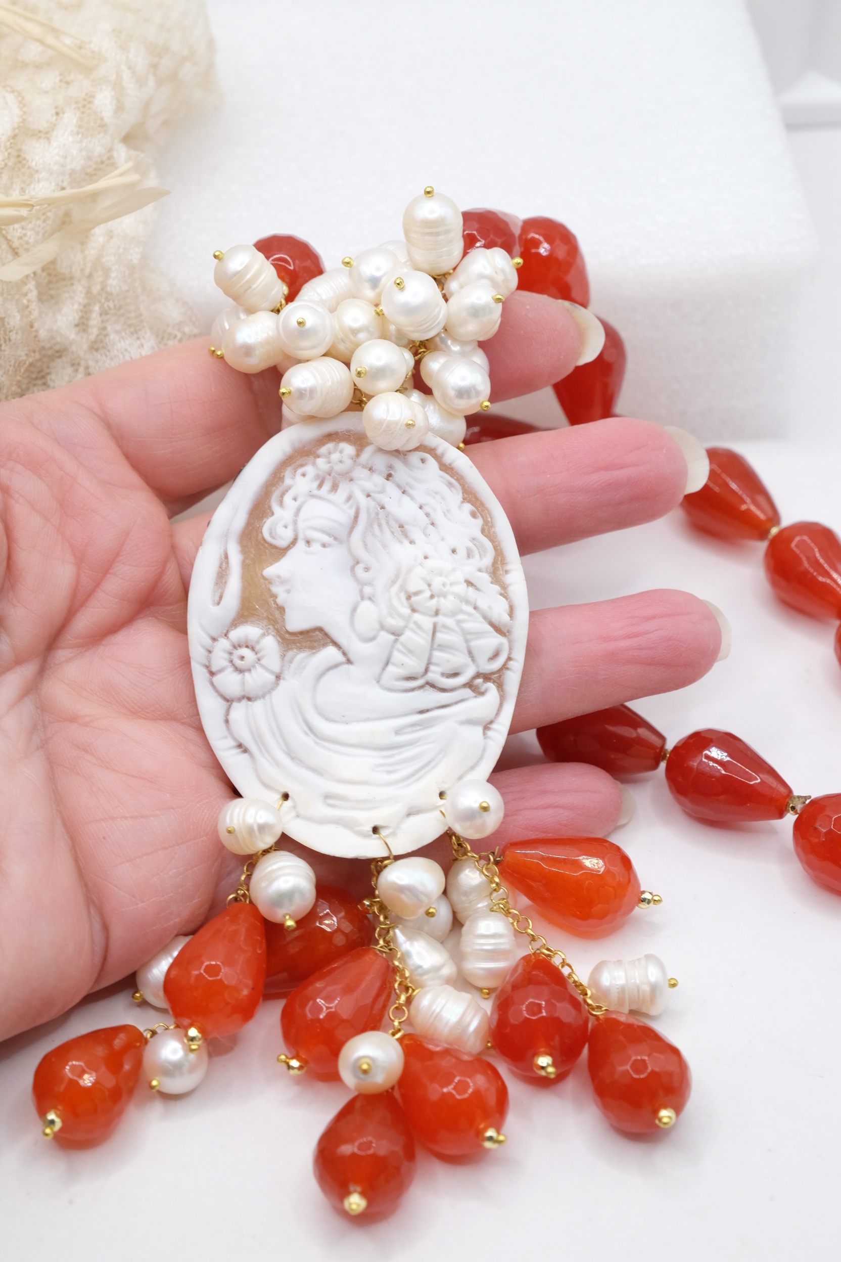 COLLANA ARTIGIANALE GOCCE CORNIOLA ARANCIONE CAMMEO DI TORRE DEL GRECO (5)