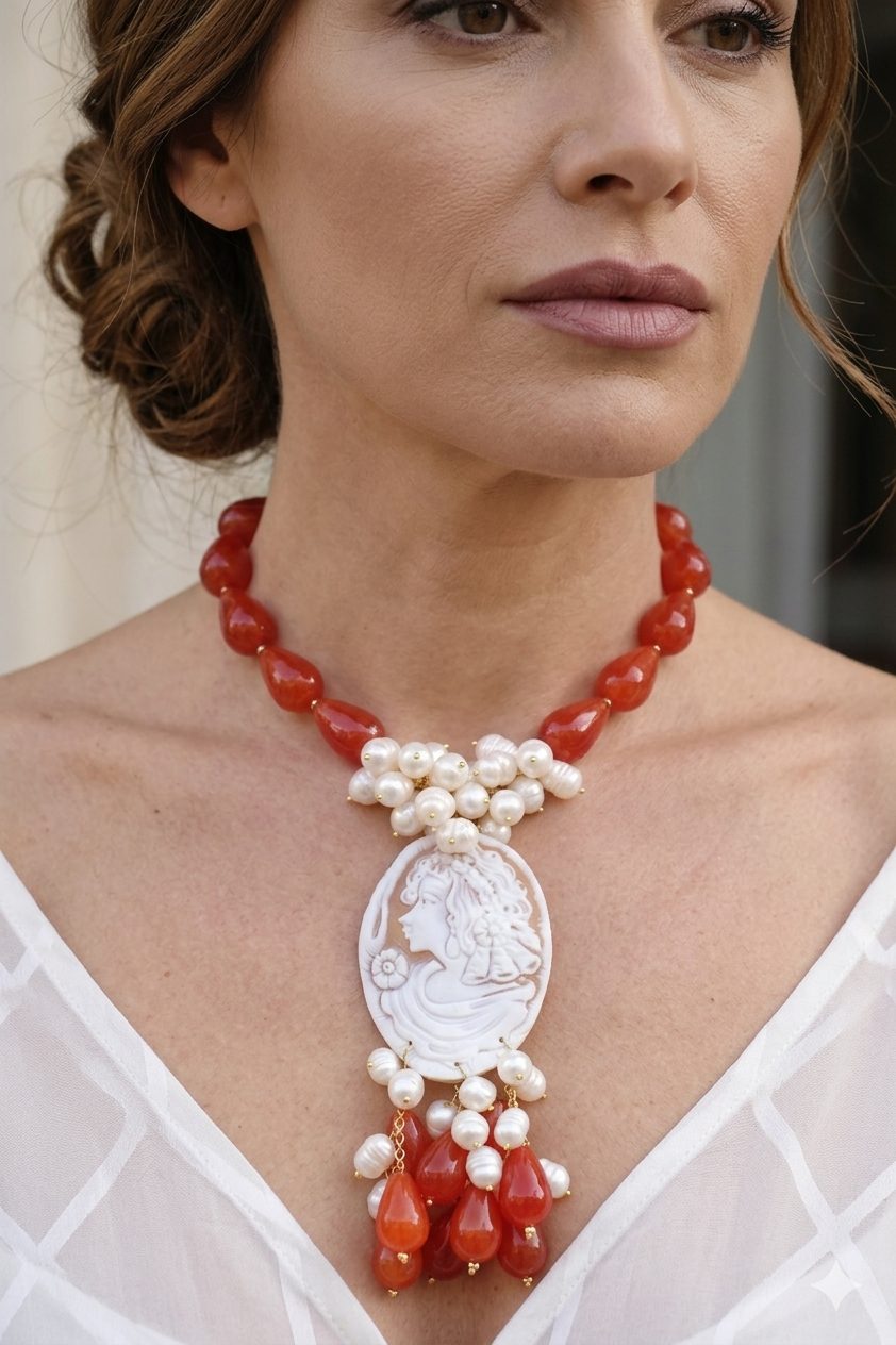 COLLANA ARTIGIANALE GOCCE CORNIOLA ARANCIONE CAMMEO DI TORRE DEL GRECO